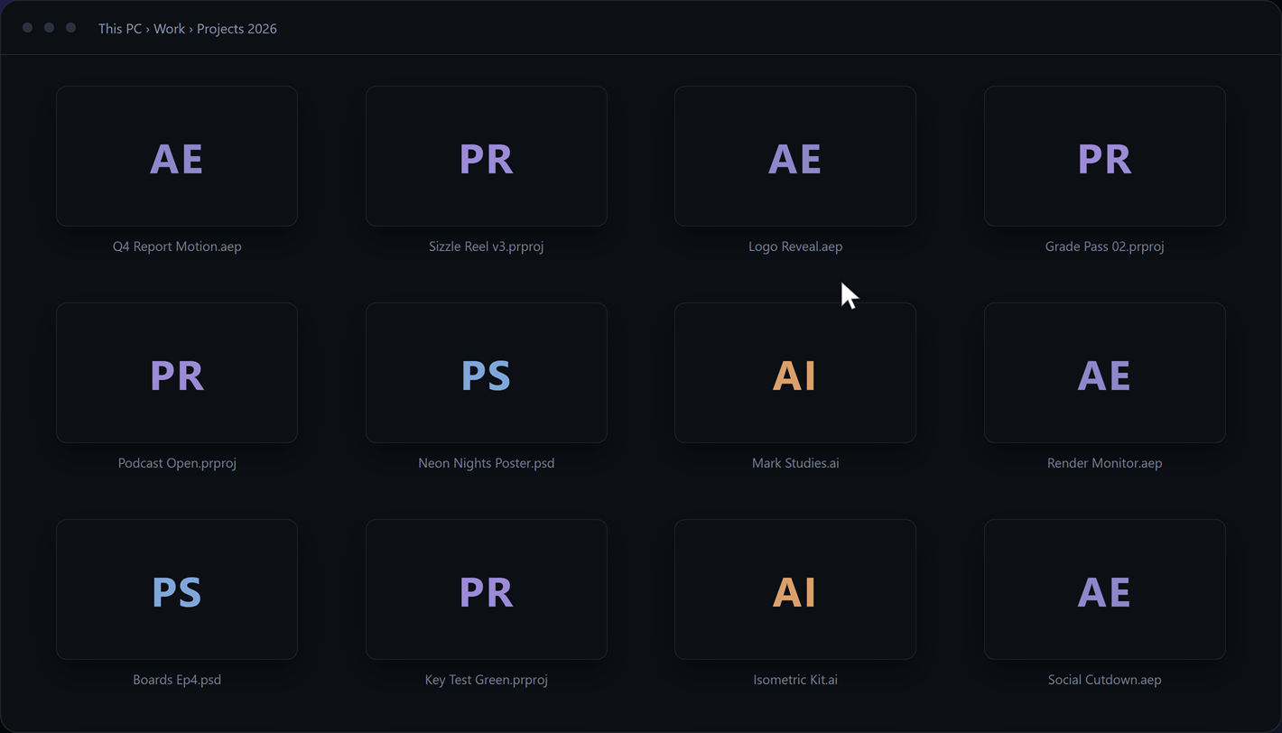 A folder of Adobe projects showing only grey file boxes