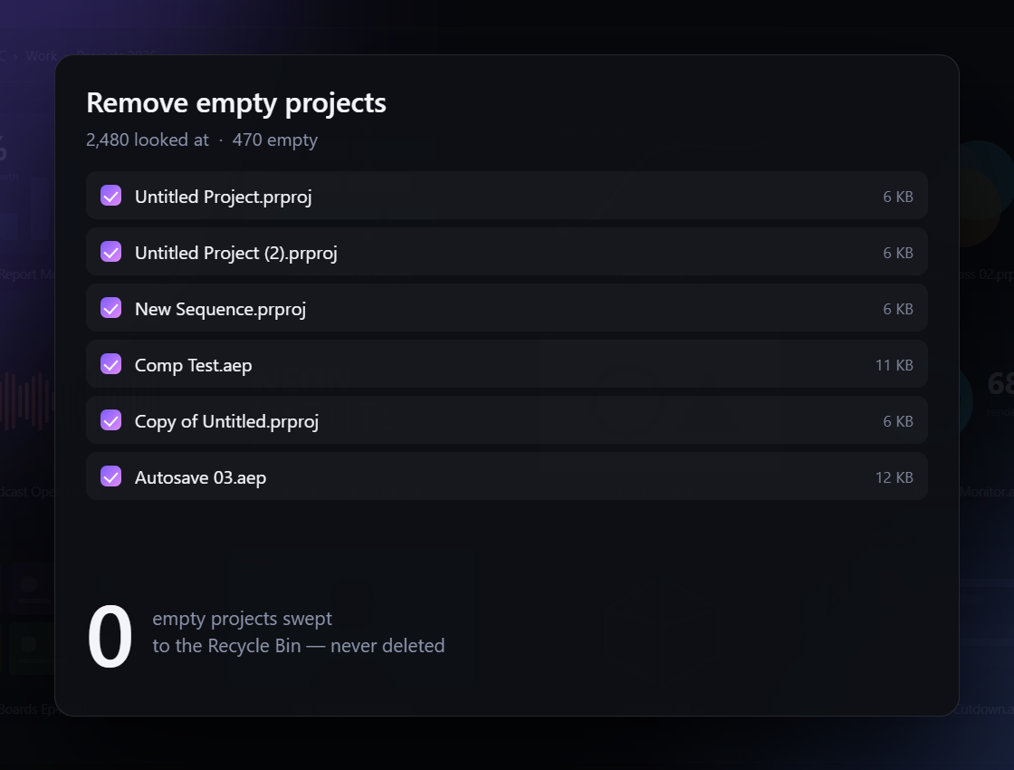The clean-up panel listing empty projects